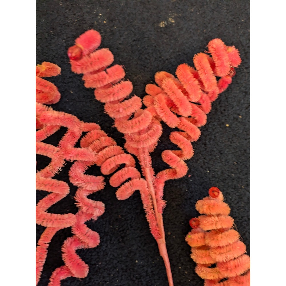 6 Vintage Chenille Spiral Floral Stems Pink Orange Green Beaded Christmas Crafts - Picture 8 of 12